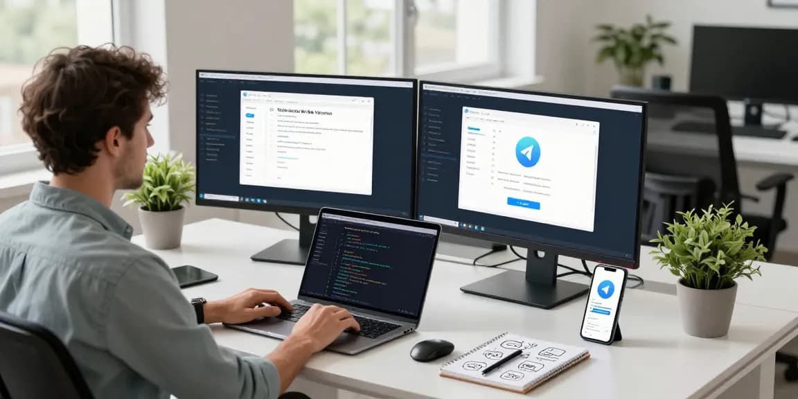 Developer engaged in coding while using the Telegram Web Version on dual screens in a modern workspace.