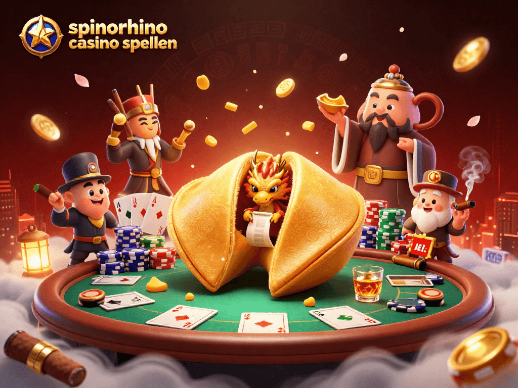 SpinoRhino casino spellen met een dynamische scène vol gokkasten en pokerelementen.
