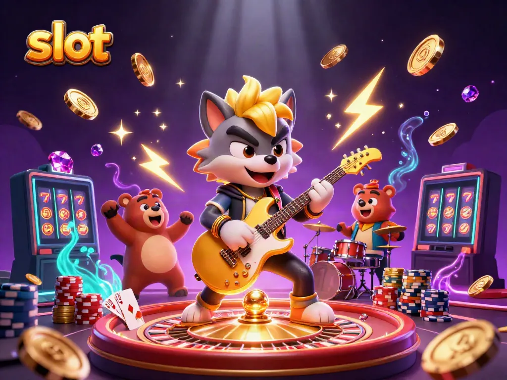 Engaging scene with a rock star wolf and drummer bear showcasing slot games, golden coins, and vibrant casino elements.