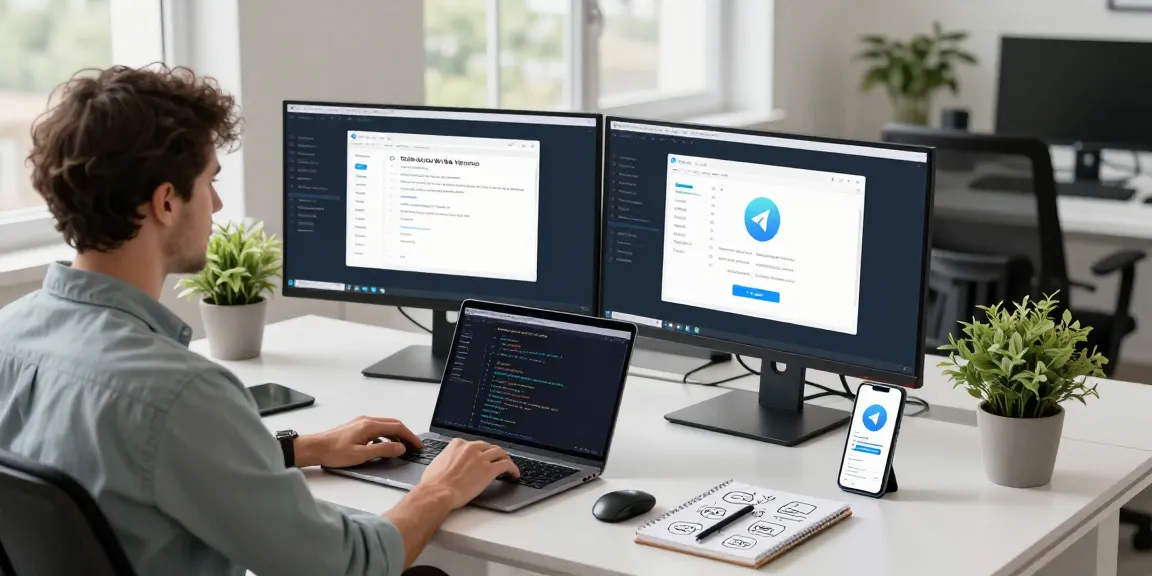 Developer engaged in coding while using the Telegram Web Version on dual screens in a modern workspace.