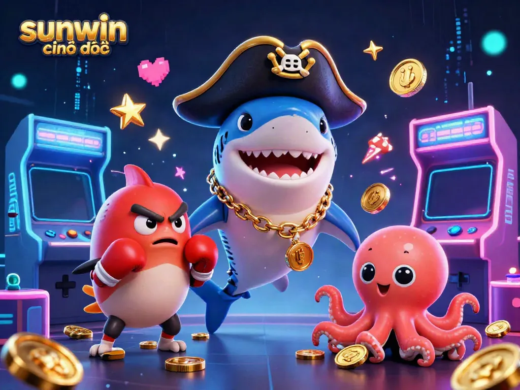 Join the adventure with sunwin chính thức featuring a pirate shark, pufferfish, and octopus amidst dynamic casino elements.