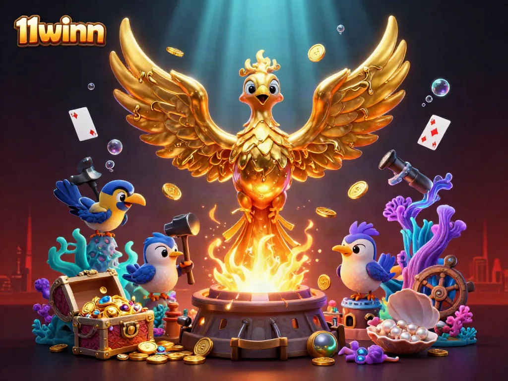 Experience thrilling moments at 11winn, featuring a molten gold phoenix and casino treasures.