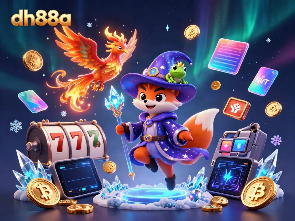 Spin the jackpots at dh88a's vibrant casino featuring a mystical wizard, a phoenix, and engaging slot elements.
