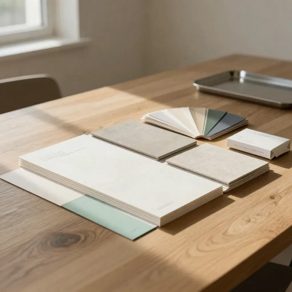Merkstrategie-board met swatches, gevouwen stationery en mint accent op een lichte houten tafel.