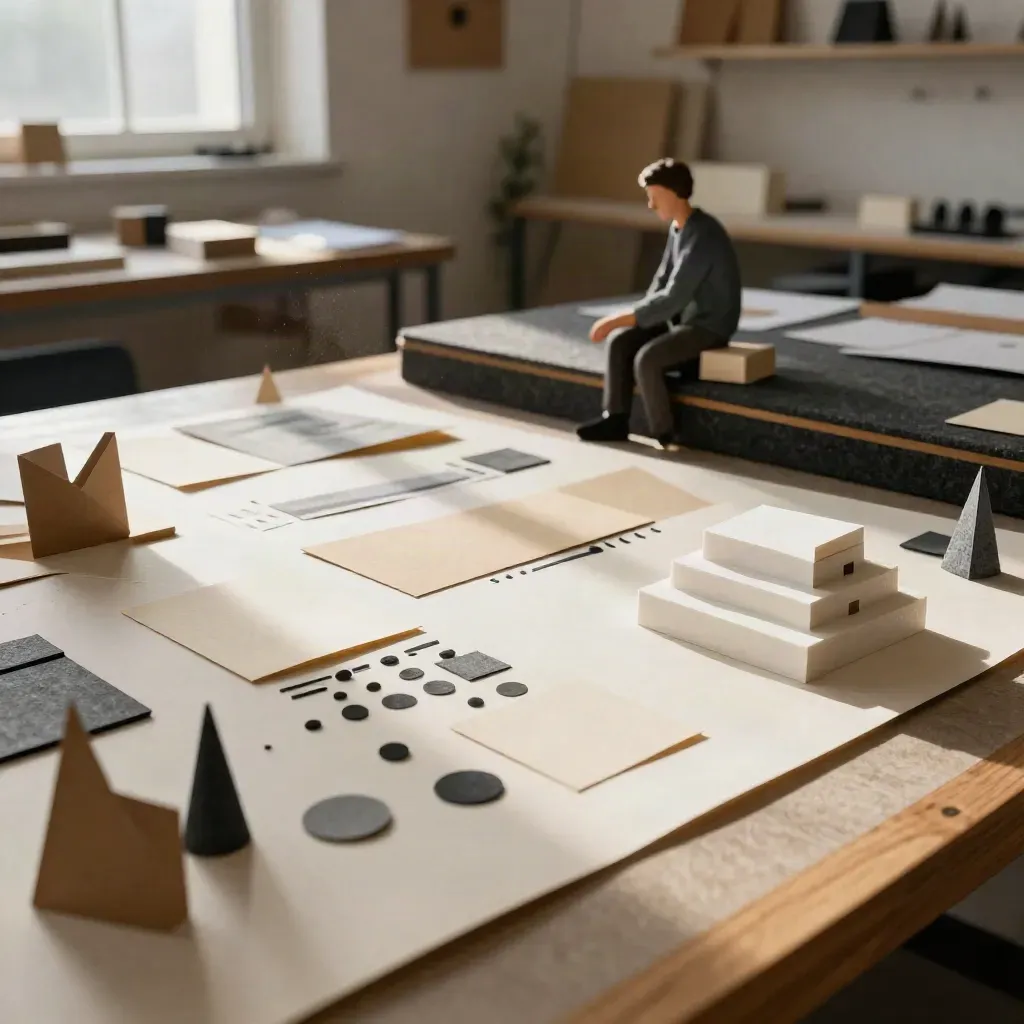 Papieren conceptmaquettes en foam mock-up op een studio-bench met stof en warme schaduwen.