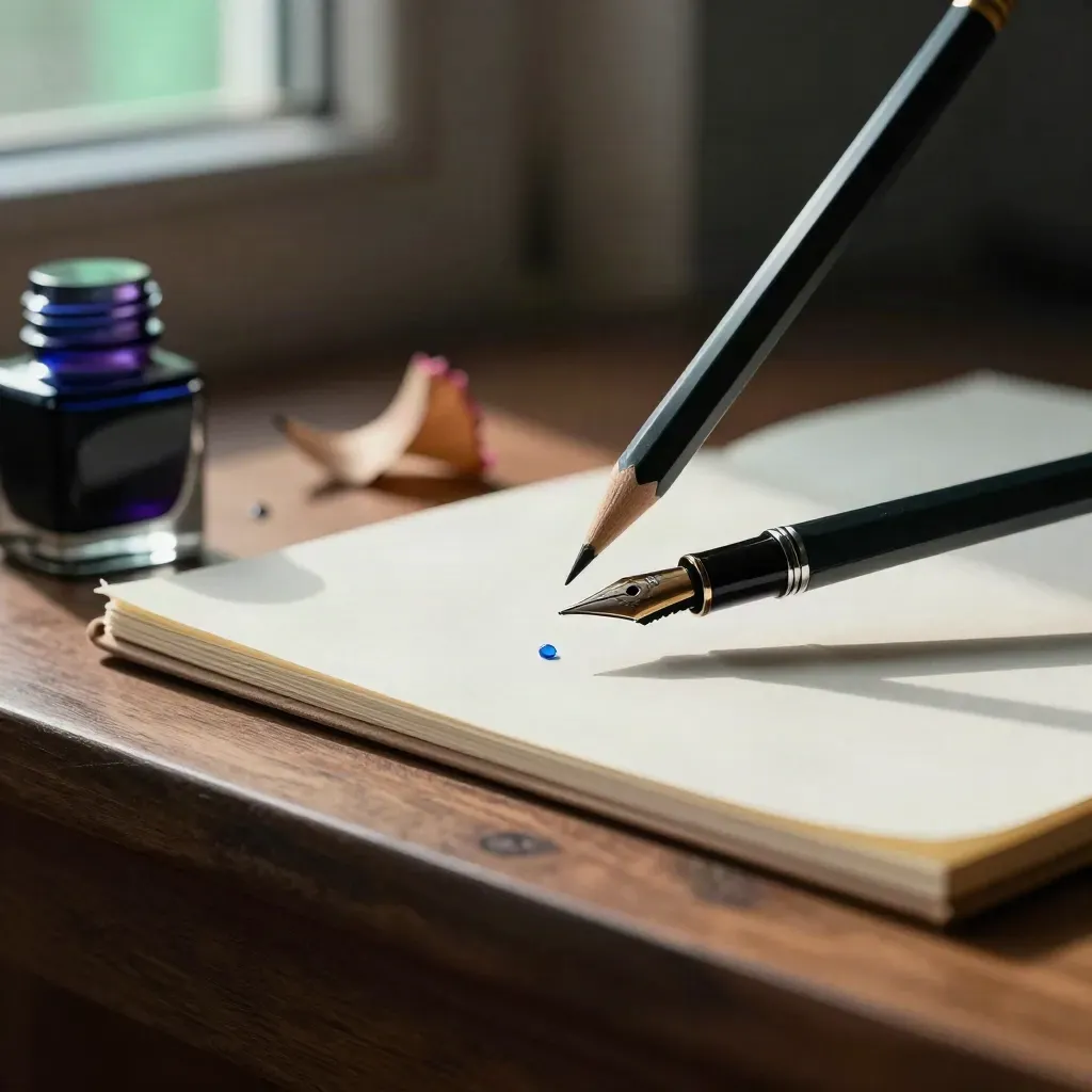 Potlood, vulpen en blauwe inktfles op een warme houten ondergrond, met een omgedraaid manuscriptblok.