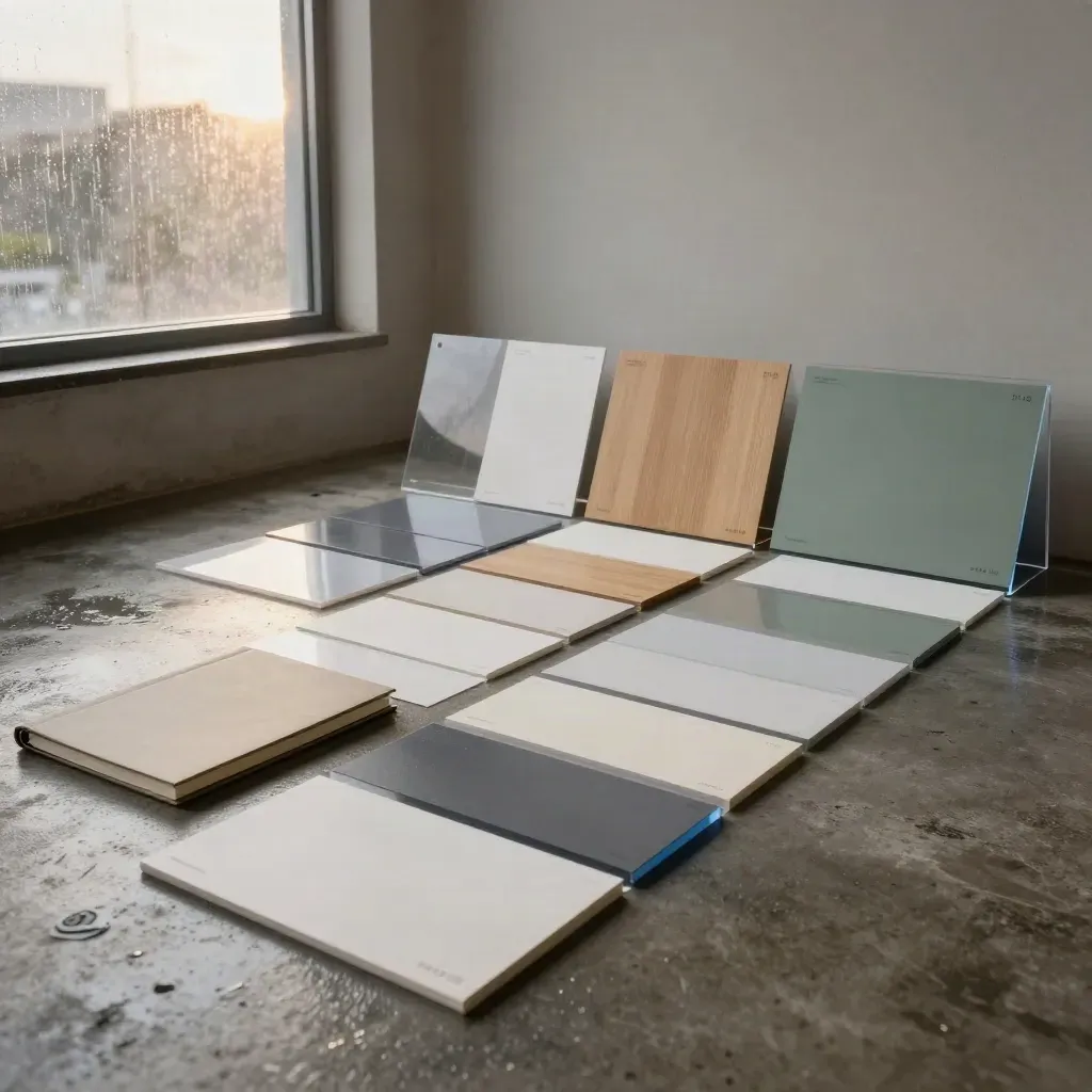 Merkboards, kaarten en een transparante conceptplaat in koel ochtendlicht op een natte studiovloer.