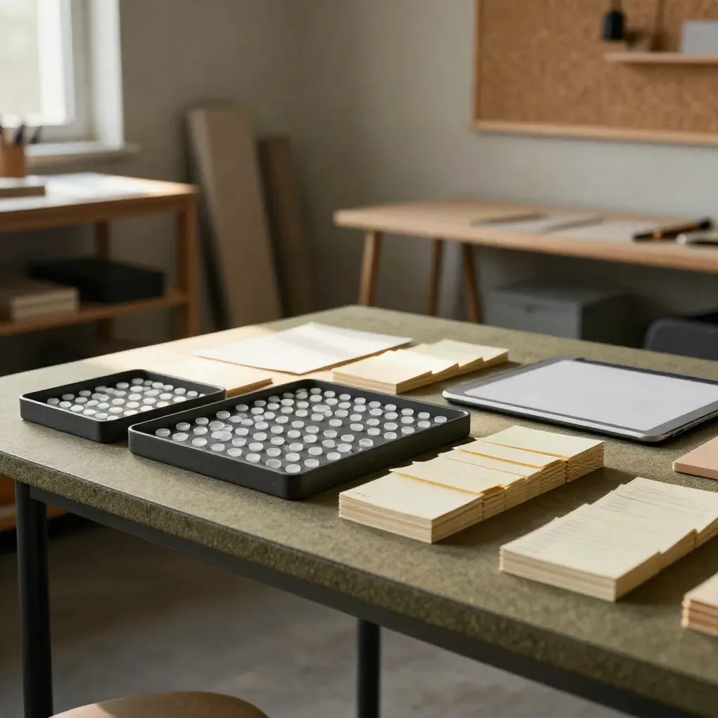 Workshopkit met prioriteitsdotjes, omgedraaide promptkaarten en whiteboardtablet in sfeervolle studio.