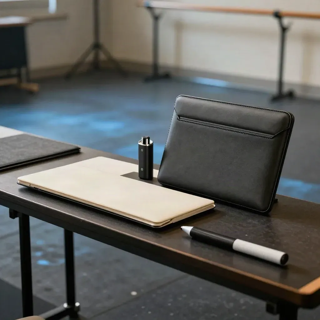 Presentatiebundle met clicker, laptopsleeve en stage marker op een donkere backstagevloer.