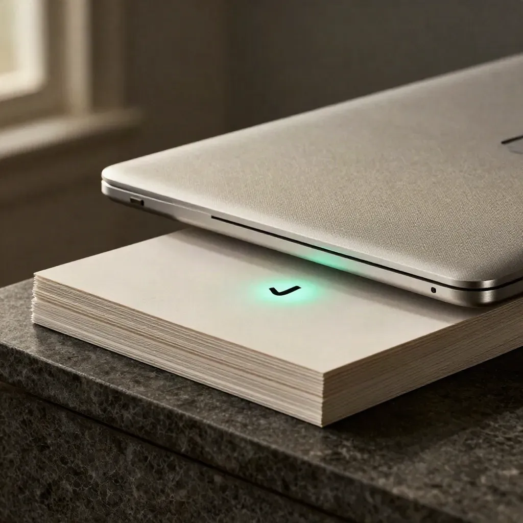 Macro van pitchdeck, gesloten laptop en mintgroen goedkeuringslampje op donkere steen.