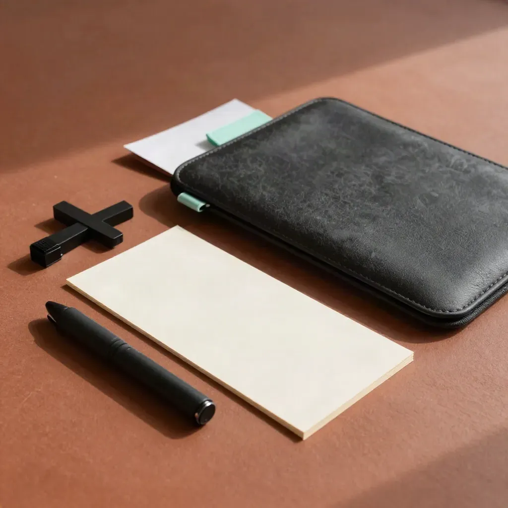 Presentatieclicker, omgekeerde cue cards, laptop sleeve en stage marker op warme terracotta vloer.
