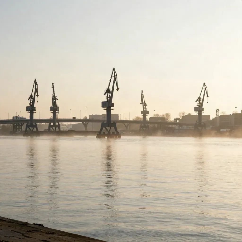 Rotterdamse havenkranen boven de Maas in zachte ochtendlijke mist