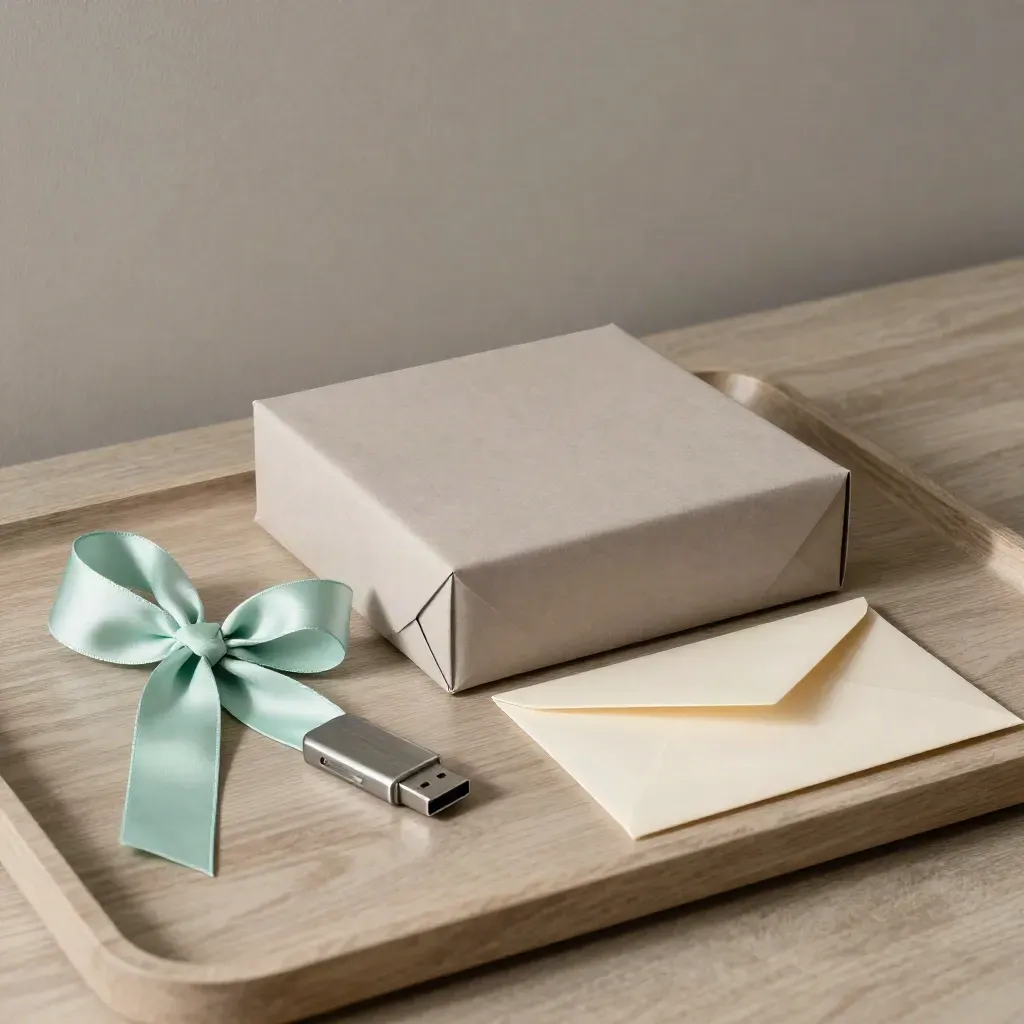 Portfolio-box, USB-stick en omgekeerde envelop op licht hout met zacht mintaccent.