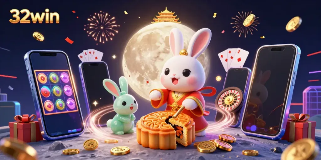 32win casino moon rabbit illustration showcasing a lively gaming atmosphere with slot games and poker chips.