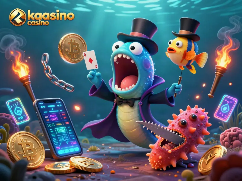 Kaasino casino showcases a dazzling underwater magic scene featuring a bioluminescent eel and a top-hat fish.