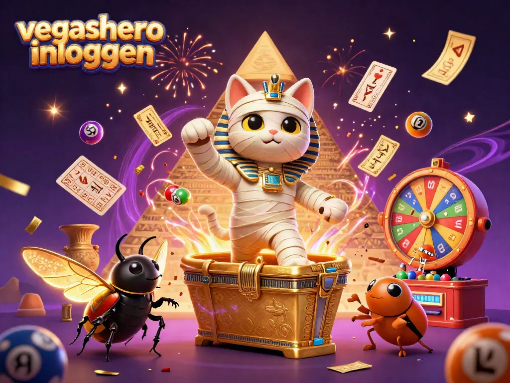 Engage with vegashero inloggen featuring an Egyptian mummy cat and lottery excitement in a vibrant casino.