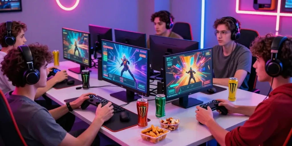 Exciting multiplayer gaming session with friends enjoying rokok88 alternatif at a modern gaming setup.