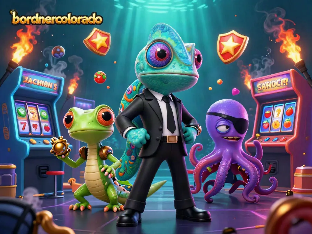 Engage with bordnercolorado as characters play colorful casino slot games with vibrant elements.