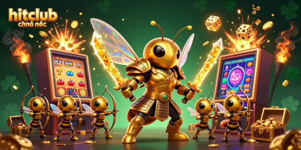 Unleash casino excitement with hitclub chính thức featuring a dynamic scene of golden hornet samurai and lucky symbols.