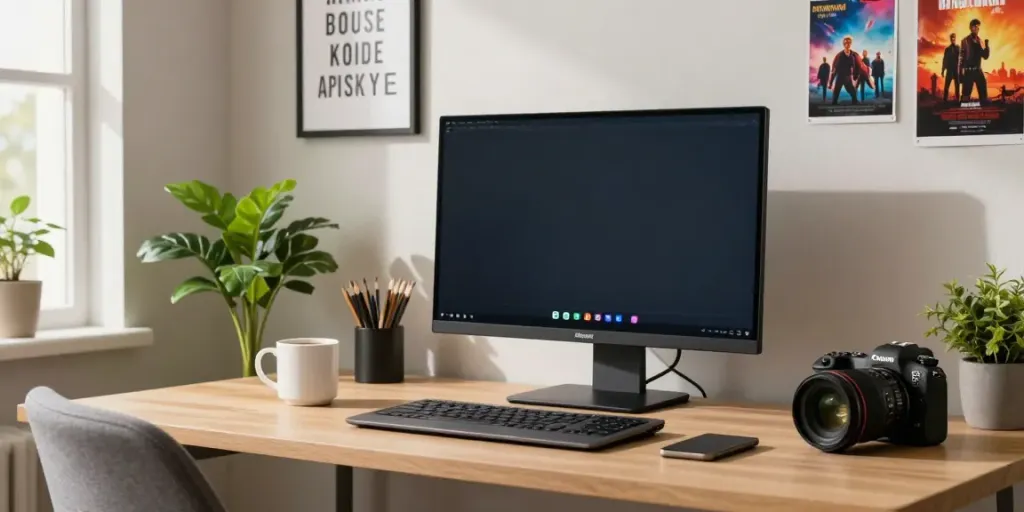 Pikashow for PC setup in a cozy home office with streaming on a large screen.