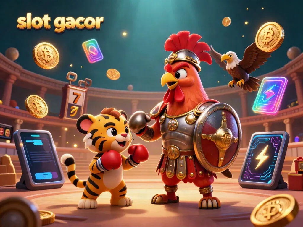 Experience the thrilling action of slot gacor in this dynamic 3D casino illustration featuring a gladiator rooster and tiger cub.
