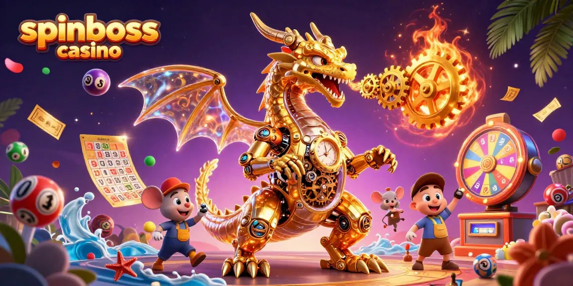 Experience excitement at SpinBoss Casino with dynamic illustrations of gaming elements and a golden dragon!