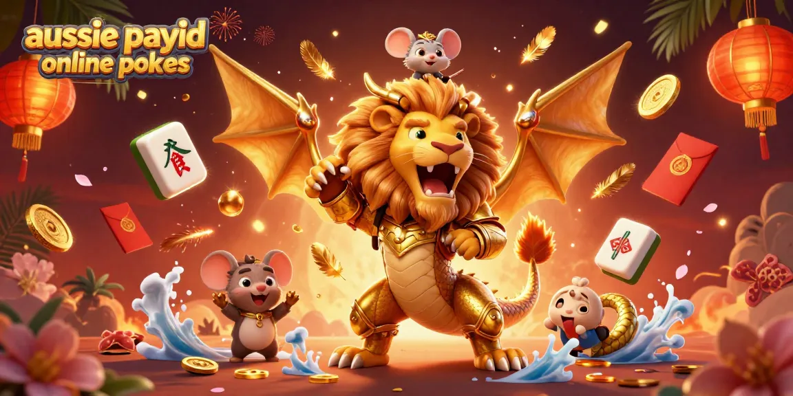 Aussie PayID online pokies exhibit vibrant 3D casino illustration, showcasing chimera and lucky symbols.