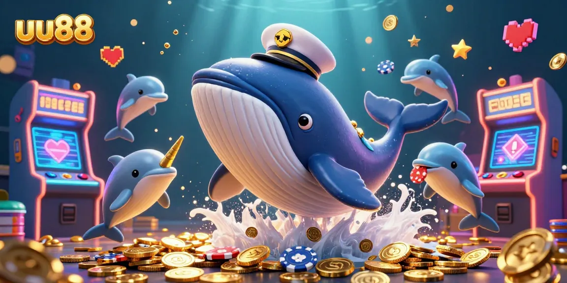 Experience thrilling gaming adventures with uu88's vibrant 3D illustration featuring whales, dolphins, and coins.
