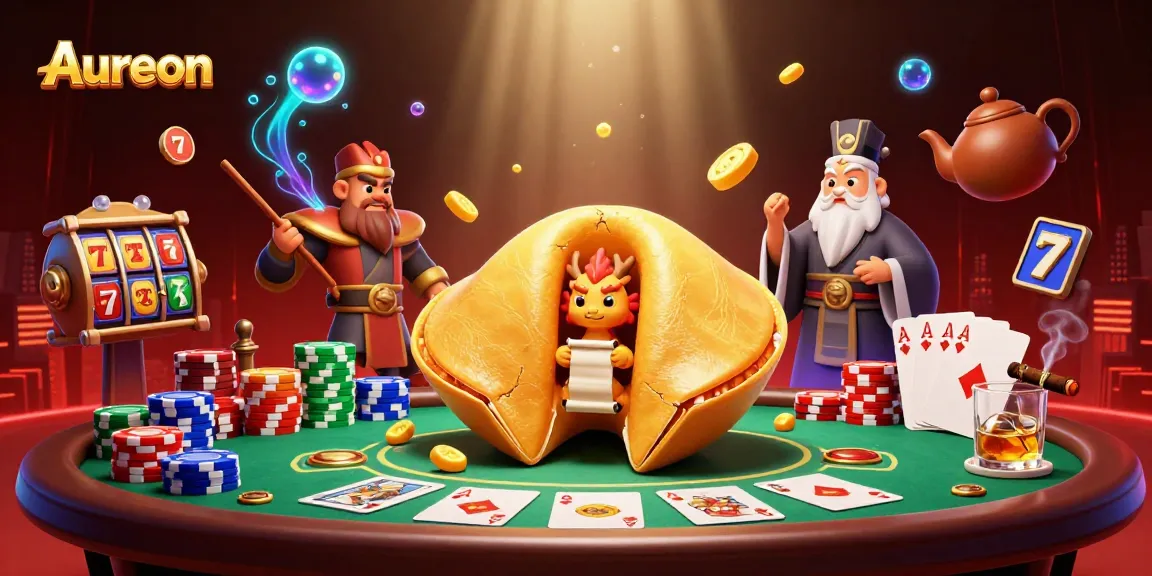 Aureon players enjoy a vibrant casino scene with fortune cookies, dragons, and poker chips.